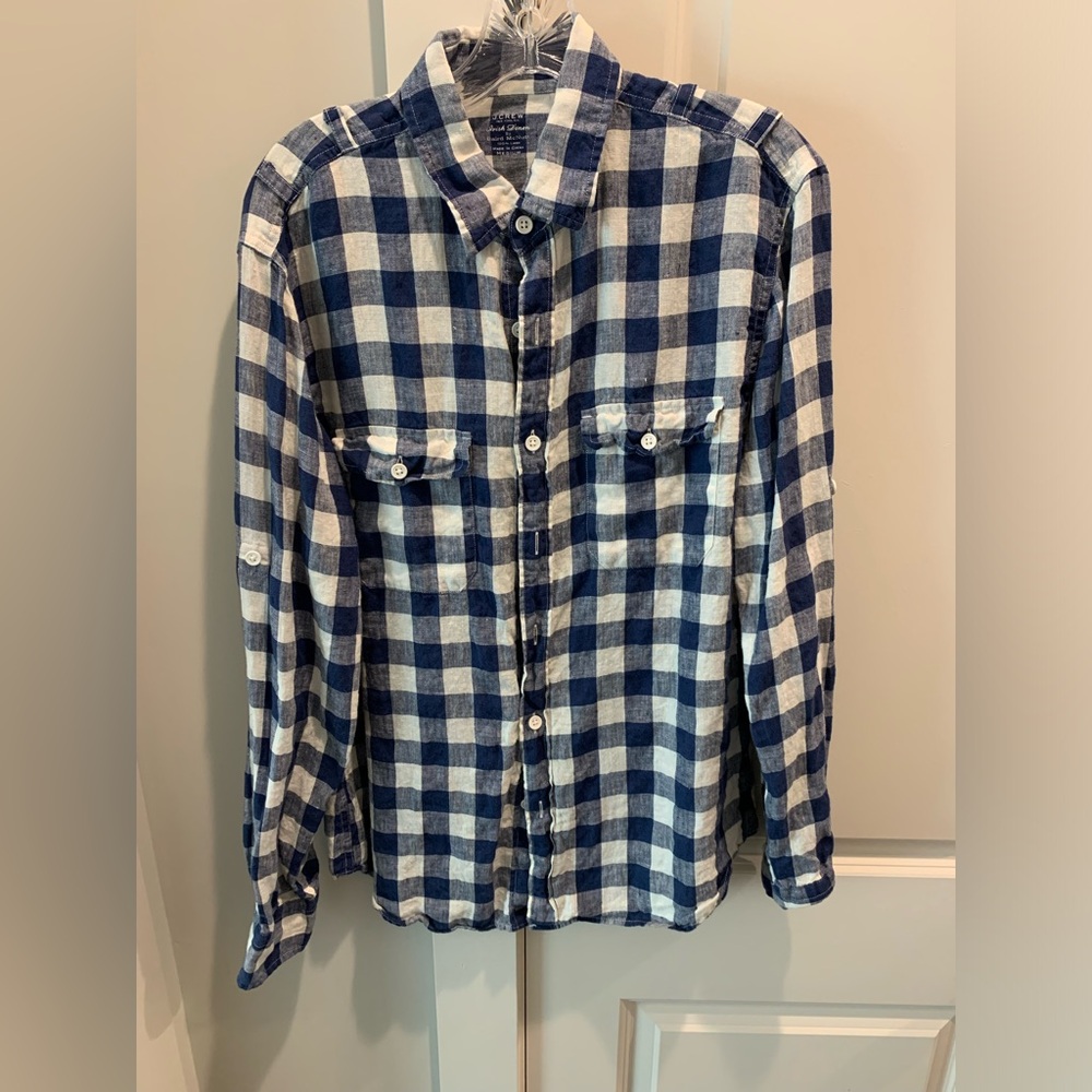 J.Crew Irish Linen Gingham Button Down - Navy & White